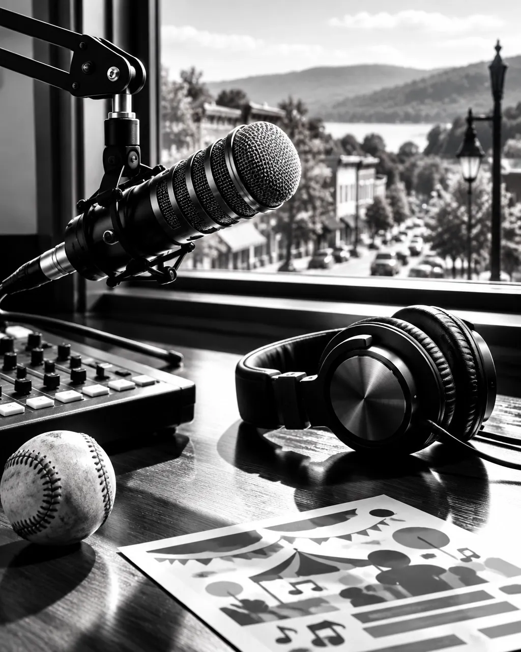 Black-and-white radio studio microphone, headphones, and local community details
